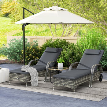 2 Reclining Chaise Lounge Chairs, Rolling Outdoor Chairs with Cushion, Pillow, Headrest, Armrests, and Wheels, Gray