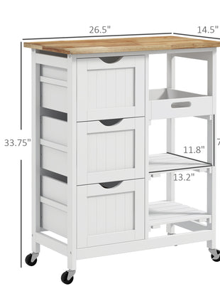 Rolling Kitchen Cart, Kitchen Island with Wood Top, Shelves & Drawers for Dining Area, White