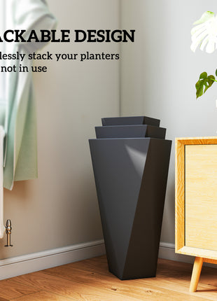 Indoor Outdoor Planters Set of 3 MgO Tall Planters Stackable Flower Pots with Drainage Holes for Garden, Balcony, Black