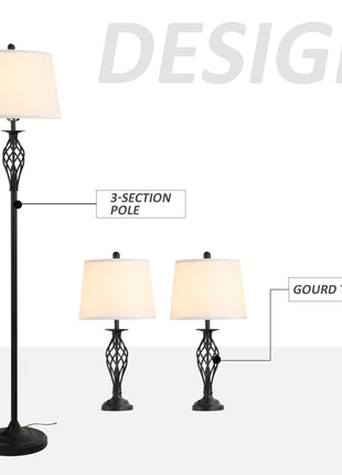 3 Piece Table Floor Lamp Set with Metal Pole, Round Base, and Fabric Lampshade, for Living Room, Black/White