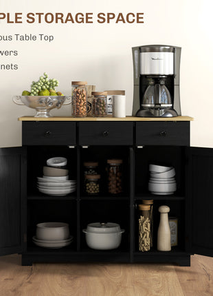 Kitchen Storage Cabinet, Sideboard Floor Cupboard with Solid Wood Top, Adjustable Shelf, and 3 Drawers, Black Wood Grain