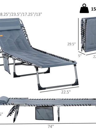 Padded Folding Chaise Lounge Chair, Outdoor 6-Level Reclining Camping Tanning Chair with Headrest for Beach, Yard, Patio, Pool, Gray