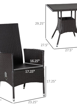 3 Piece Patio Bistro Set, PE Wicker Furniture Conversation Set w/ Tufted Cushion Reclining Chairs & Coffee Table, Cream