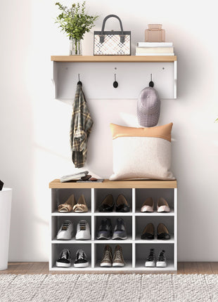 2-in-1 Coat Rack Shoe Bench Set, 5-Hook Hall Tree with Bench and Shoe Storage for 9 Pairs of Shoes for Entryway, Hallway, White