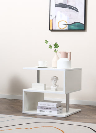 20" Modern S-Shaped Multi-Level Accent End Table Shelf with Steel Poles, White