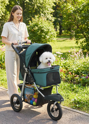 Dog Stroller, Foldable Dog Stroller with 12" Rubber Wheels for Small Dogs, Up to 22 LBS, Dark Green