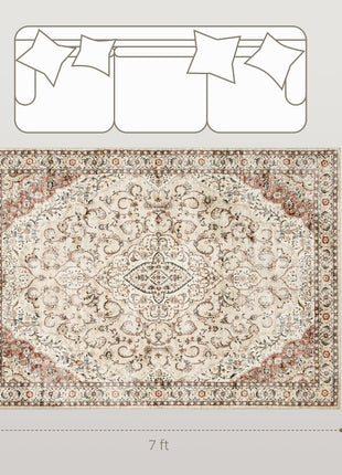 Area Rug 5x7, Machine Washable Rug, Non-Slip Classical Floral Print Floor Carpet for Living Room, Bedroom, Mixed-Brown