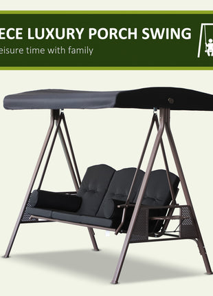 3-Seat Patio Swing Chair, Outdoor Porch Swing Glider with Adjustable Canopy, Removable Cushion, Pillows and Side Trays, for Garden, Poolside, Backyard, Black
