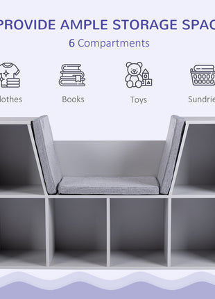 6-Cubby Kids Bookcase with Reading Nook and Cushion, Multi-Purpose Storage Organizer for Bedroom, Living Room, Grey