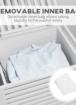 55 L Bamboo Laundry Basket with Lid, Cloth Hamper with Removable Liner Bag, 19.75 x 14.25 x 23.5 Inches, White