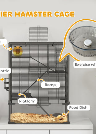 4 Tier Hamster Cage with Deep Tempered Glass Bottom, Running Wheel, Hut, Water Bottle, Food Dish, 24" x 16" x 31.5"