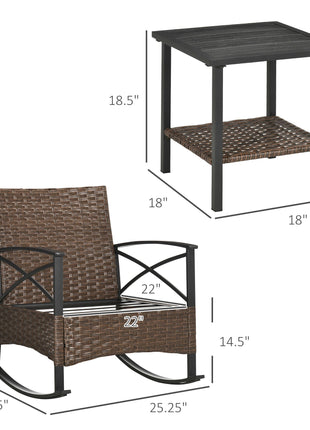 3 Piece Patio Rocking Chair Set, Outdoor Wicker Bistro Set with 2 Oversize Cushioned Porch Rockers and 2 Tier Coffee Table for Garden, Backyard, Blue