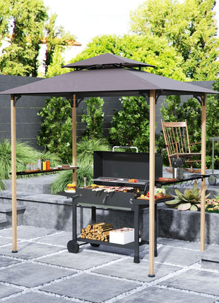 8' x 5' Grill Gazebo, Double Tiered Barbecue Grill Gazebo Shelter with 2 Side Shelves and 10 Hooks for Patio, Garden