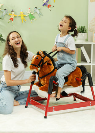 Spring Rocking Horse, Kids Ride on Horse, Plush Horse Ride-on w/ Sounds & Foot Stirrups for Kids 3-8 Years, Brown
