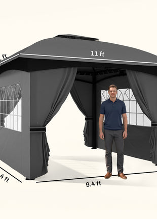 11' x 11' Outdoor Gazebo, Double Roof Patio Gazebo with Curtains, Church Windows, Galvanized Steel Frame, Dark Gray
