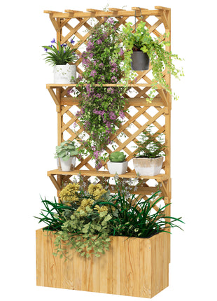Raised Garden Bed, Wooden Planter with Trellis, Hanging Roof, Plant Shelf, Drainage Holes and Bed Liner, Natural
