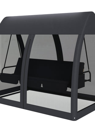 3 Seat Outdoor Swing Chair Convertible Covered Day Bed with Canopy, Mesh Netting, Steel Stand for Garden, Patio, Gray