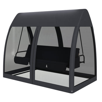 3 Seat Outdoor Swing Chair Convertible Covered Day Bed with Canopy, Mesh Netting, Steel Stand for Garden, Patio, Gray