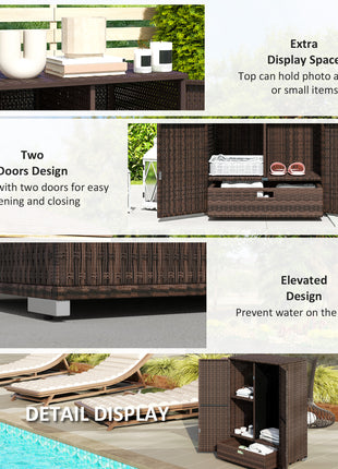 Outdoor Storage Cabinet with Shelves, Rattan Pool Towel Storage Cabinet with Removable Shelf & Drawer, Mixed Brown