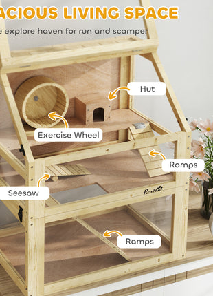 3 Tier Wooden Hamster Cage w/ Detachable Bottom, Hut, Seesaw, Exercise Wheel, Ramps, 24" x 16" x 29.5"