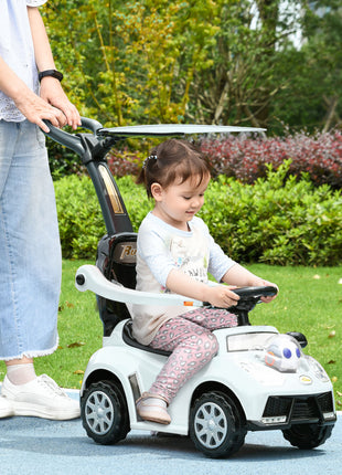 3 in 1 Push Car Sliding Car with Removable Handle, Music, Horn, Canopy, Safety Guardrail, White