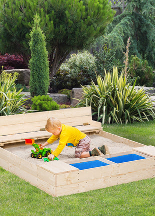 Kids Wooden Sandbox w/ Two Plastic Boxes Foldable Bench Seat Waterproof Cover Bottom Liner Storage Space