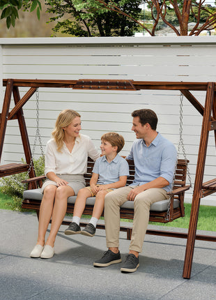 3 Seat Wooden Porch Swing with Stand, Patio Swing with Cushion, for Garden, Poolside, Backyard, Carbonized Brown