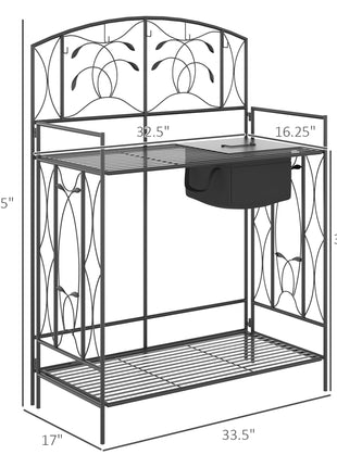 Folding Potting Bench Table, Metal Garden Workstation, Work Bench with Large Built-in Bag with Cover, 5 Hanging Hooks & Storage Shelf, Leaf Pattern