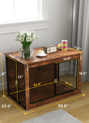 39" Dog Crate Furniture with Flip-up Top Opening, 2 Doors, Dog Kennel Furniture for Large Dogs, Rustic Brown