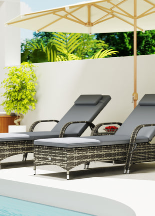 Patio Wicker Chaise Lounge Chair Set of 2 with Table, Adjustable Backrest, Wheels, Cushion & Headrest, Gray