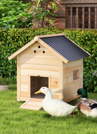 Duck Coop, Wooden Duck House with Openable Roof & Double Doors, Natural Wood