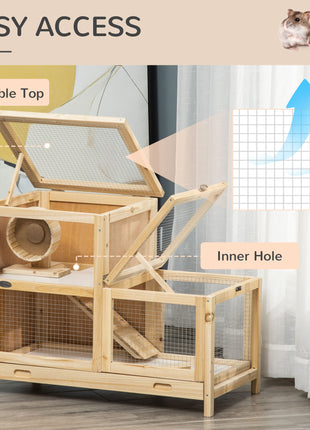 2-Tier Wooden Hamster Cage, Small Animals Hutch, w/ Seesaw, Tray