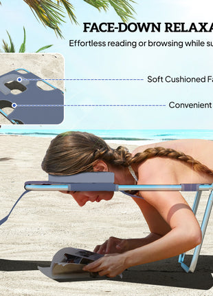 2 Tanning Chairs with Face Hole, 5-Level Adjustable Outdoor Chaise Lounge Chair with Pillow for Beach, Pool, Gray