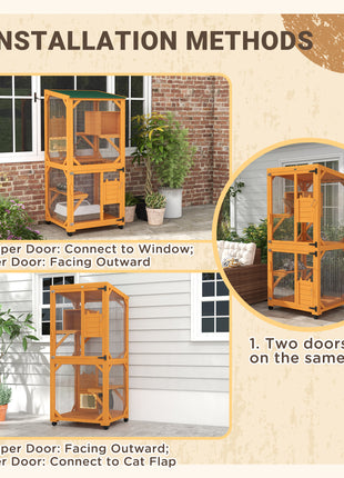 Large Cat House for 1-3 Cats on Wheels Wooden Catio Enclosure Orange