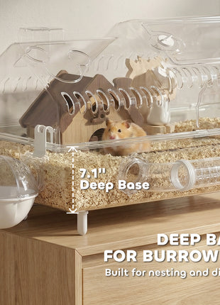 Hamster Cage with Large Wheel & Hideout, Small Animal Habitat with Accessories, Clear Pet House, 21.5" x 11.8" x 12.6",