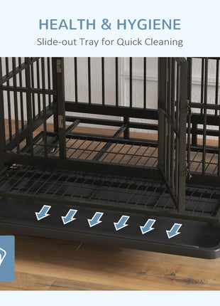36" Heavy Duty Dog Crate Metal Cage Kennel with Lockable Wheels, Double Door and Removable Tray, Gray
