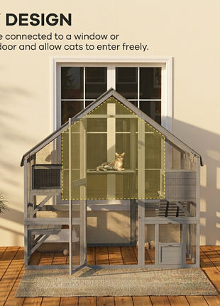 Wooden Catio Outdoor Cat Enclosure with Waterproof Cover, 2 Condos, 4 Platforms, Bridge, Doors, Gray