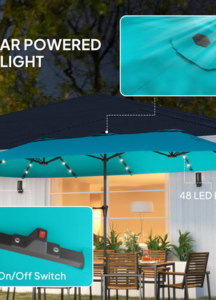13ft Double-Sided Market Umbrella, Large Patio Umbrella with Solar Lights, Crank Handle for Garden, Pool, Yard, Blue