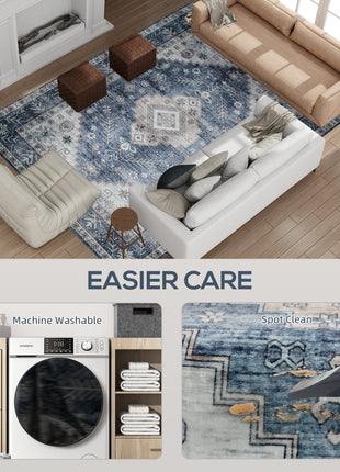 8x10 Area Rug, Vintage Washable Rug, Non-Slip Floor Carpet for Living Room, Bedroom, Dining Room, Blue