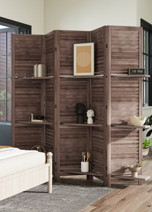 5 Panel 67" Tall Wood Privacy Screen Room Divider with 3 Shelves and Folding Storage for Bedroom, Walnut