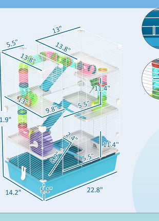 6 Tier Hamster Cage with Tubes and Tunnels, Hut, Wheel, Food Dish, Water Bottle, Ramps, for Dwarf & Gerbil, Light Blue
