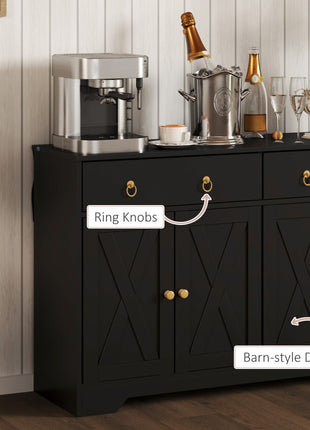 Kitchen Storage Sideboard, Farmhouse Buffet Cabinet with Barn Style Doors, Drawers, Adjustable Shelves, Black