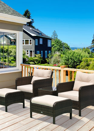 5 Pieces Rattan Wicker Lounge Chair Outdoor Patio Conversation Set with 2 Cushioned Chairs, 2 Ottomans and Tempered Glass Top Coffee Table