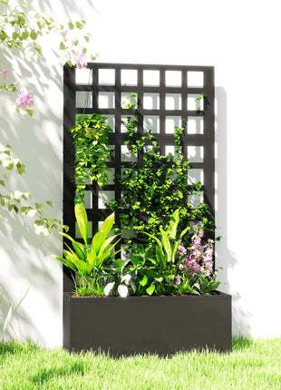 Galvanized Raised Garden Bed Planter Box with Trellis for Climbing Plants, Vegetable, Vines, 24" x 9" x 44.5", Black