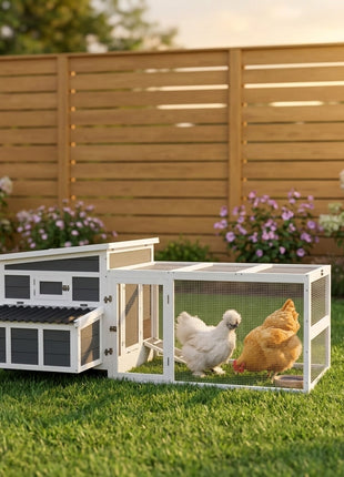 Wooden Chicken Coop with Nesting Box, Pull Out Tray, Run, Perches, Ramp, Windows for 6 Chickens, Dark Gray