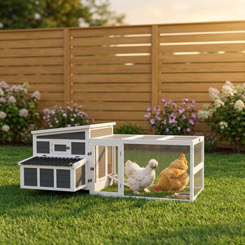Wooden Chicken Coop with Nesting Box, Pull Out Tray, Run, Perches, Ramp, Windows for 6 Chickens, Dark Gray