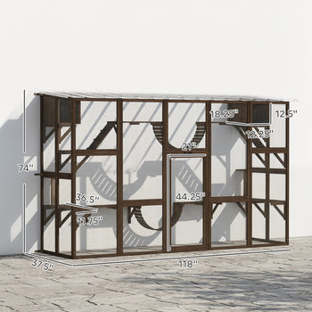 Catio Playground Cat Window Box Outside Enclosure for Multiple Cats w/ Shelves & Bridges, Coffee Brown