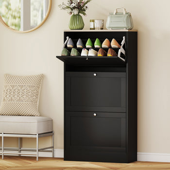 Modern Shoe Storage Cabinet with 3 Flip Drawers and Adjustable Shelves for 12-18 Pairs of Shoes, Black