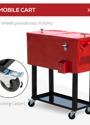 80 QT Rolling Cooling Bins Ice Chest on Wheels Outdoor Stand Up Drink Cooler Cart for Party, Red