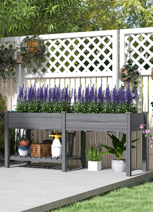 Wood Raised Garden Box, Elevated Garden Bed with Side Table, Bottom Shelf, Bed Liners and Drainage Holes, Gray